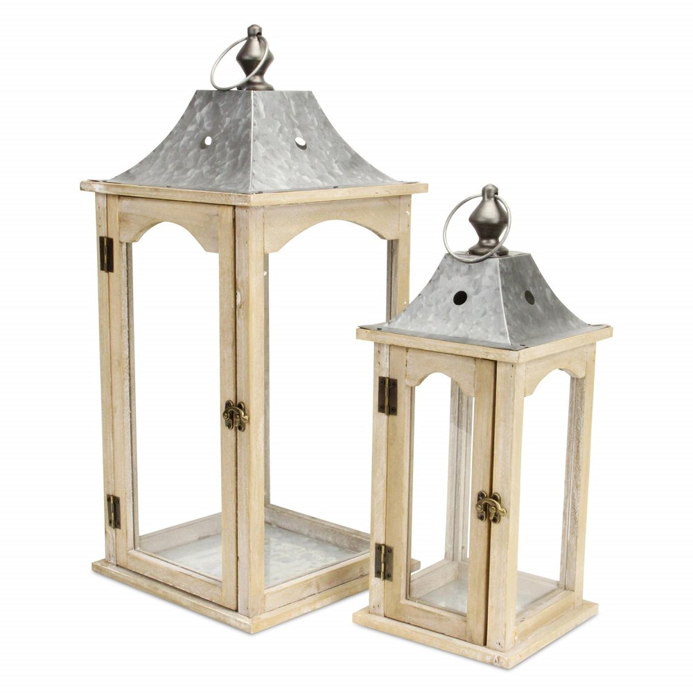 Set Of 2 Brown Wood Finished Frame Glass And Metal Top Lanterns — view 2