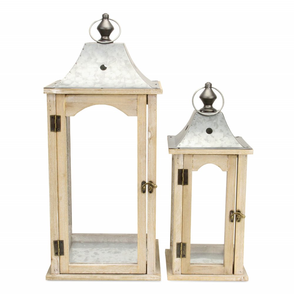 Set Of 2 Brown Wood Finished Frame Glass And Metal Top Lanterns HomeRoots