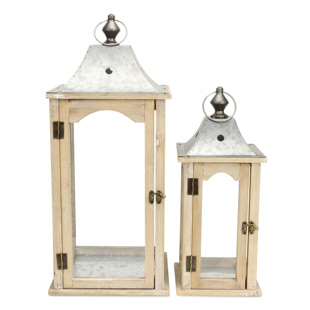 Set Of 2 Brown Wood Finished Frame Glass And Metal Top Lanterns HomeRoots
