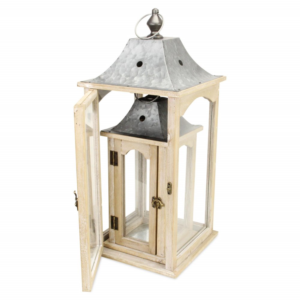 Set Of 2 Brown Wood Finished Frame Glass And Metal Top Lanterns HomeRoots