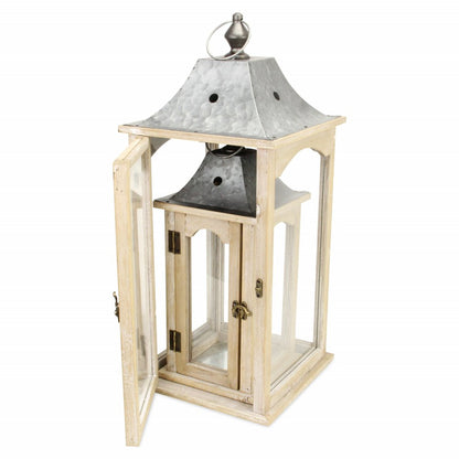 Set Of 2 Brown Wood Finished Frame Glass And Metal Top Lanterns HomeRoots