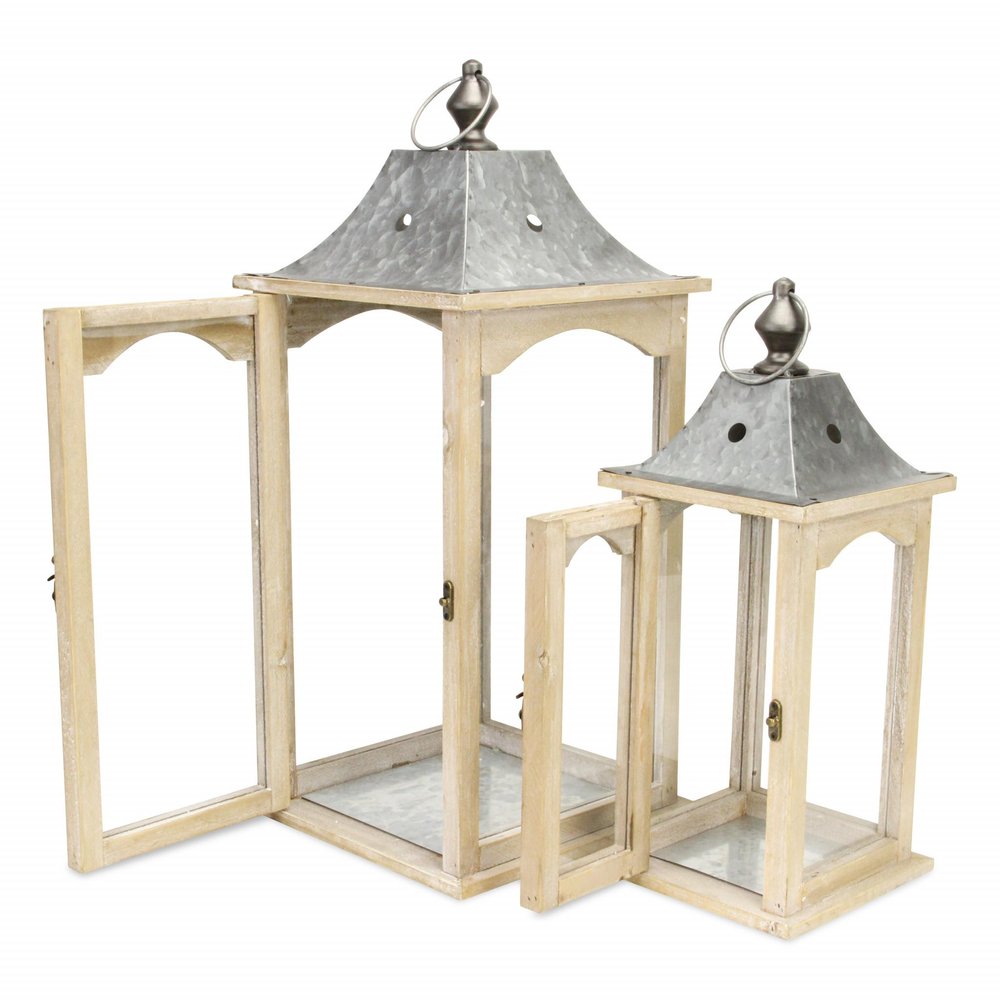 Set Of 2 Brown Wood Finished Frame Glass And Metal Top Lanterns — view 5