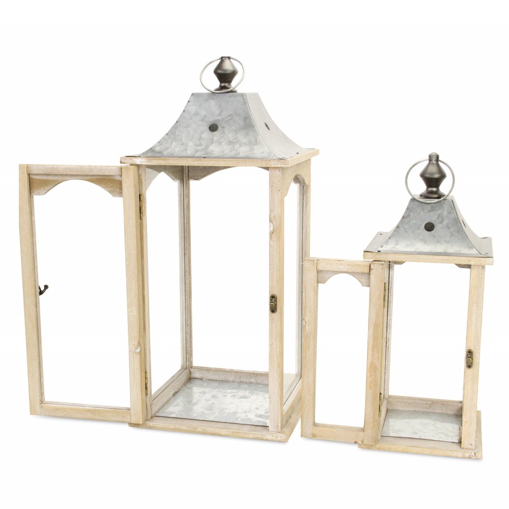 Set Of 2 Brown Wood Finished Frame Glass And Metal Top Lanterns — view 6