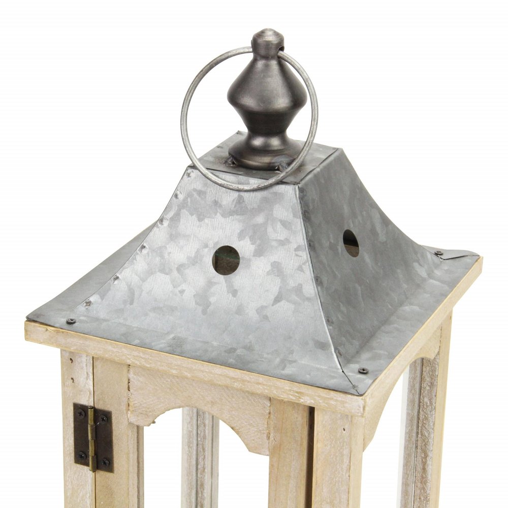 Set Of 2 Brown Wood Finished Frame Glass And Metal Top Lanterns — view 7
