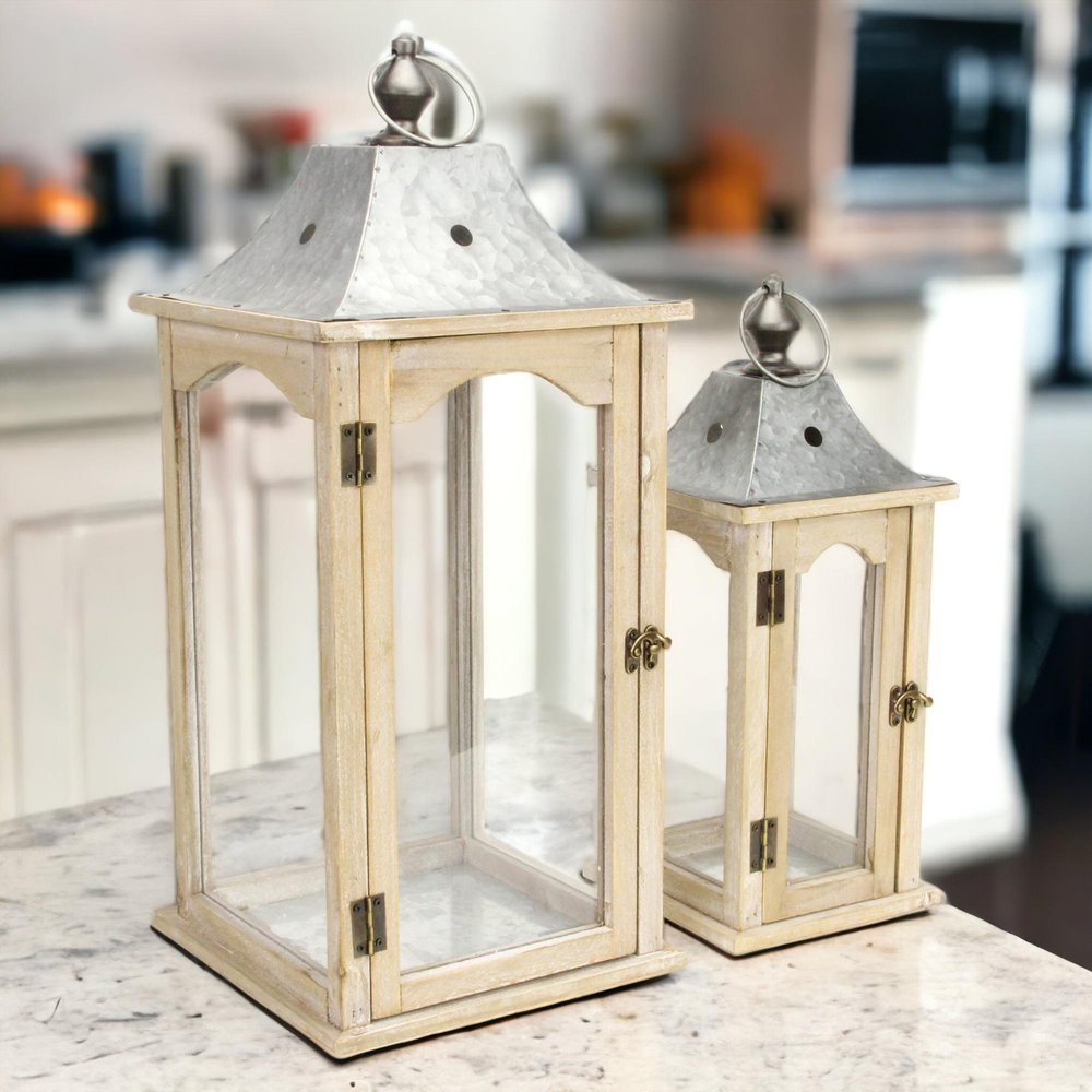 Set Of 2 Brown Wood Finished Frame Glass And Metal Top Lanterns — view 8