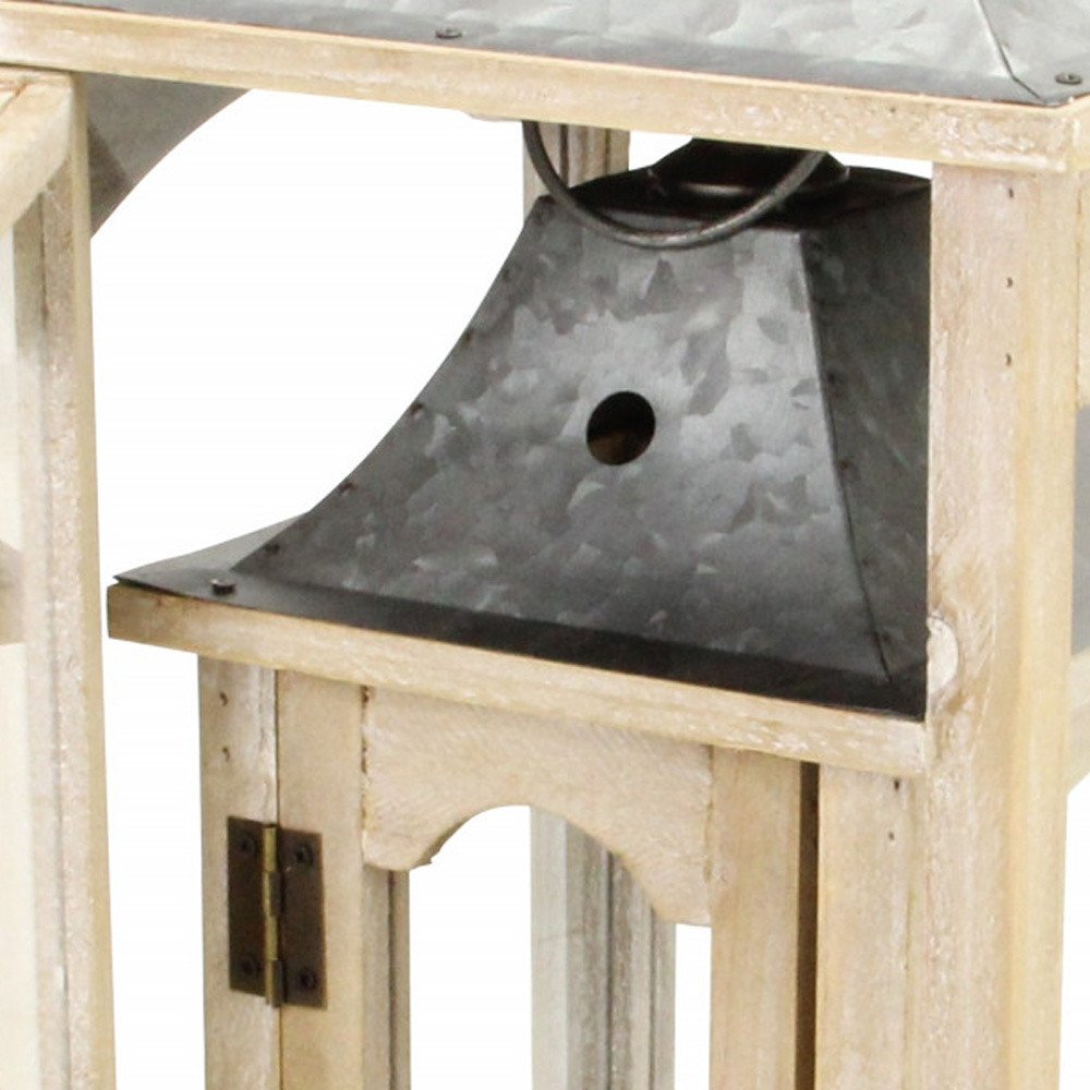 Set Of 2 Brown Wood Finished Frame Glass And Metal Top Lanterns — view 9