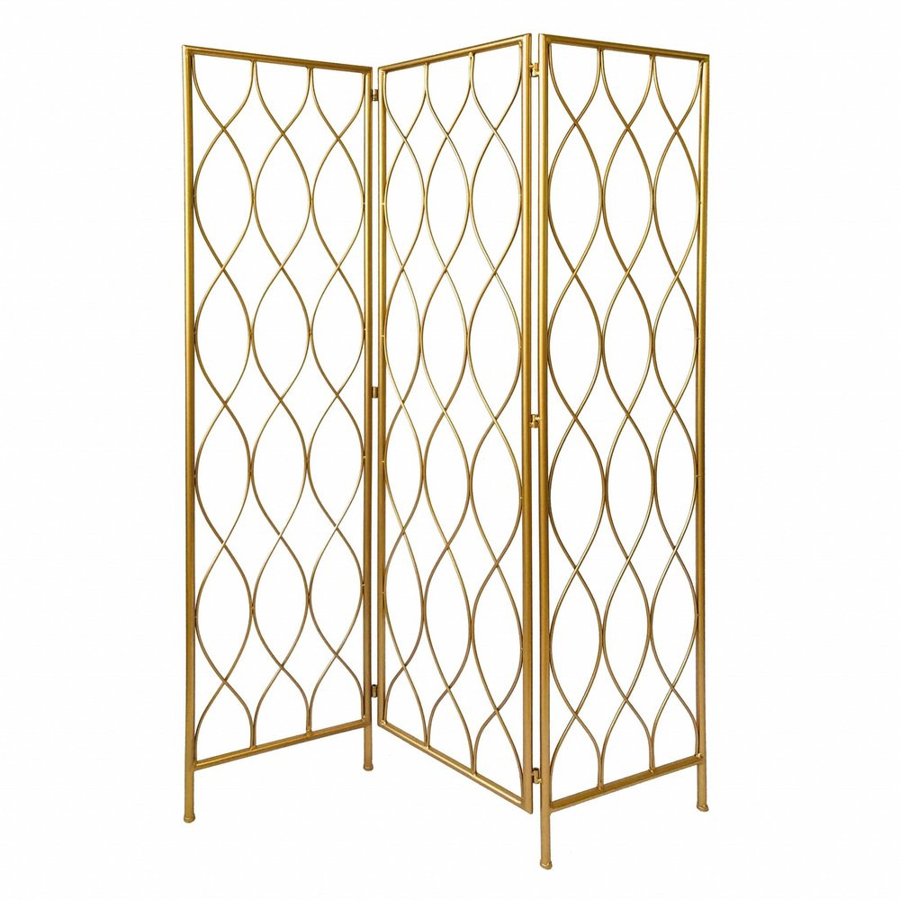 71" Gold Iron Folding Three Panel Screen Room Divider HomeRoots