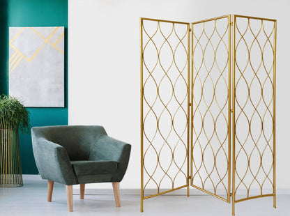71" Gold Iron Folding Three Panel Screen Room Divider HomeRoots