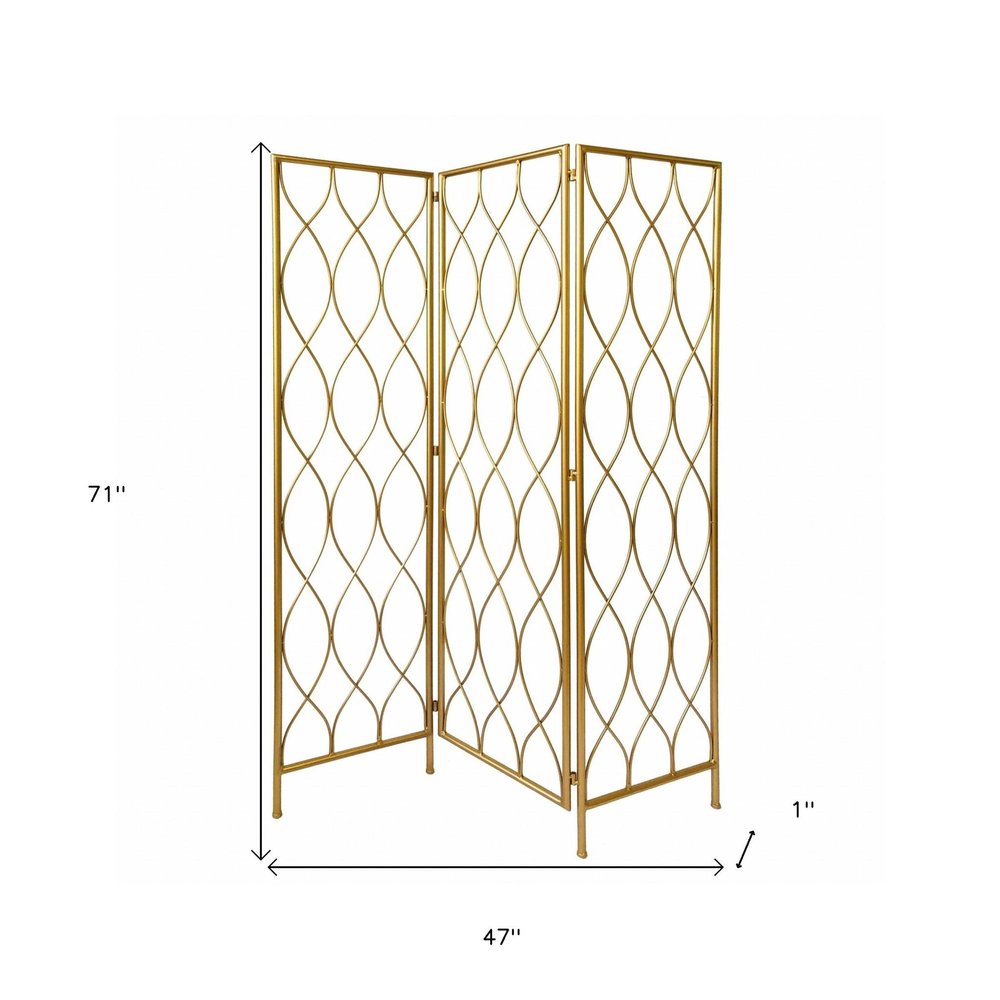 71" Gold Iron Folding Three Panel Screen Room Divider HomeRoots