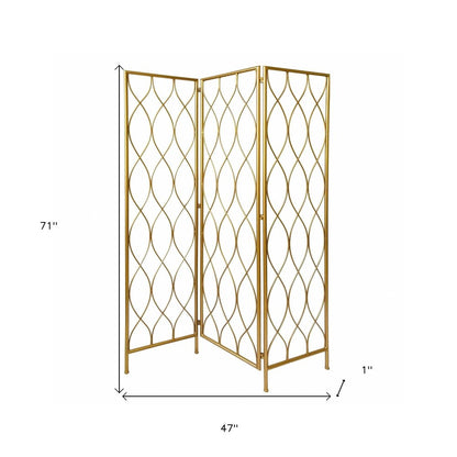 71" Gold Iron Folding Three Panel Screen Room Divider HomeRoots