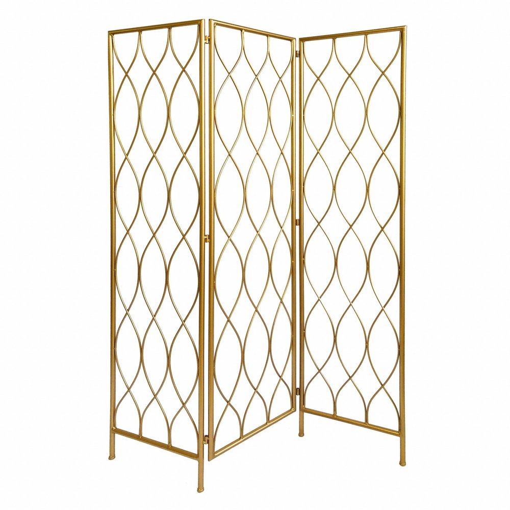 71" Gold Iron Folding Three Panel Screen Room Divider HomeRoots