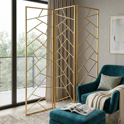 71" Gold IronFolding Three Panel Screen Room Divider HomeRoots