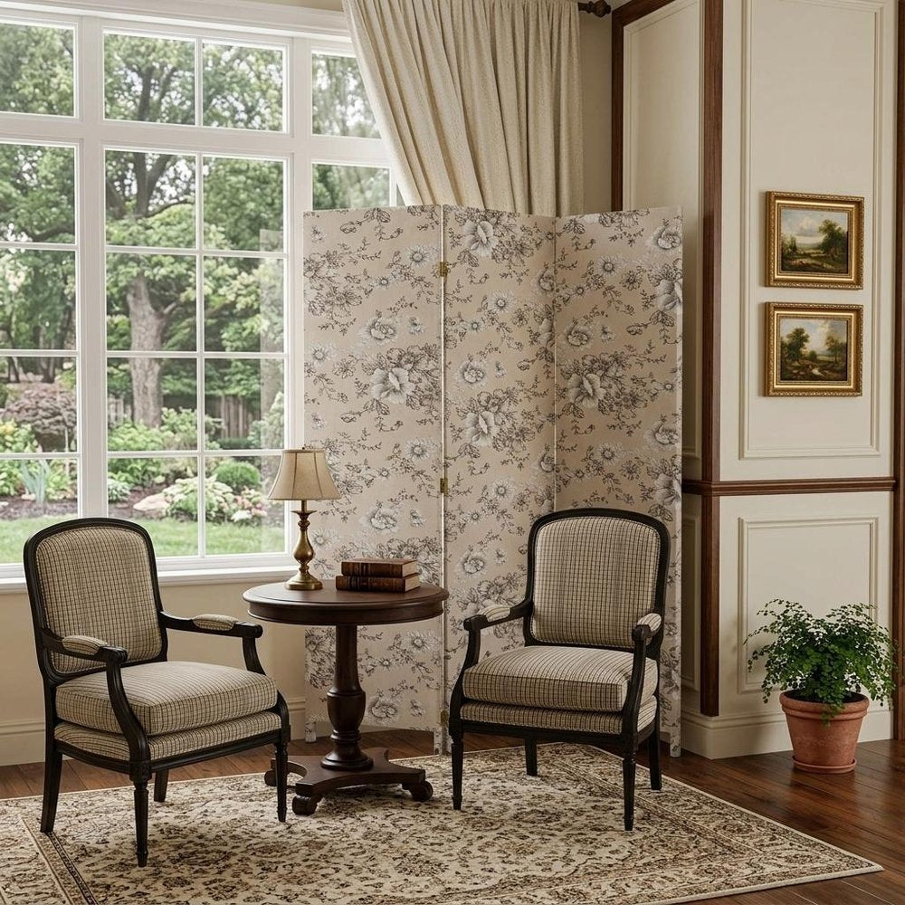 71" Beige and Black Fabric Folding Three Panel Screen Room Divider HomeRoots