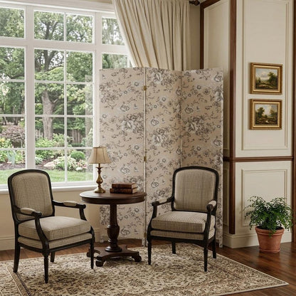 71" Beige and Black Fabric Folding Three Panel Screen Room Divider HomeRoots