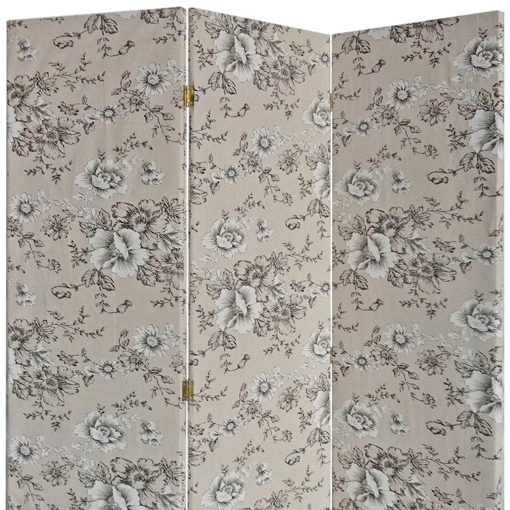 71" Beige and Black Fabric Folding Three Panel Screen Room Divider HomeRoots