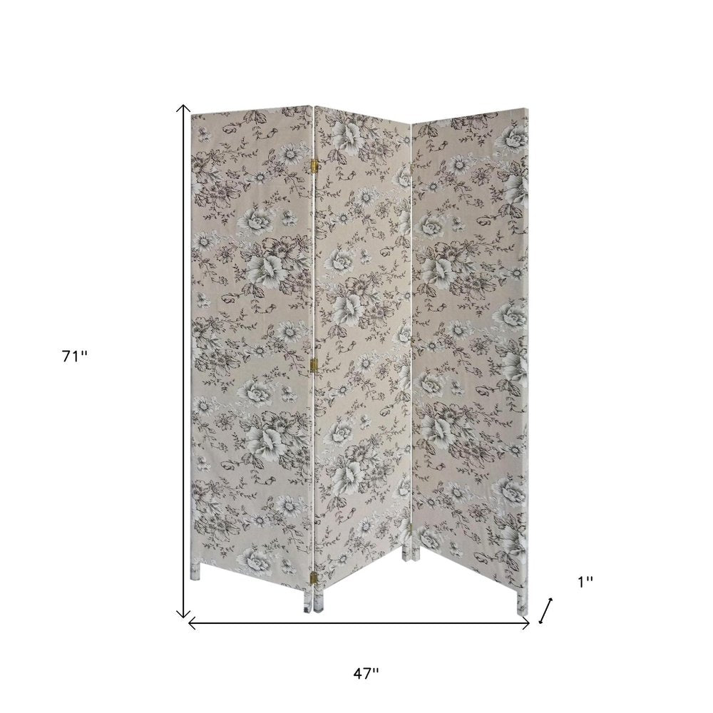 71" Beige and Black Fabric Folding Three Panel Screen Room Divider HomeRoots