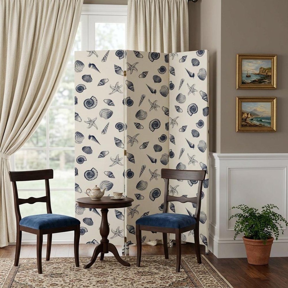 71" Blue and Beige Fabric Folding Three Panel Screen Room Divider HomeRoots