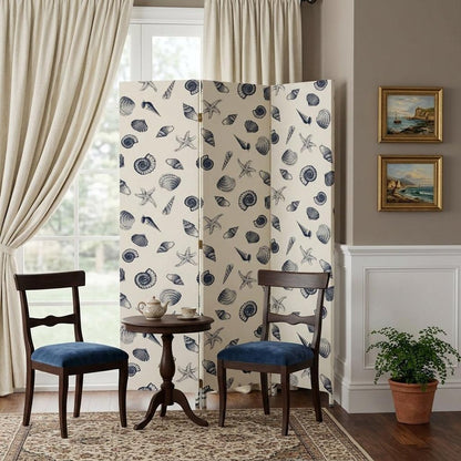 71" Blue and Beige Fabric Folding Three Panel Screen Room Divider HomeRoots