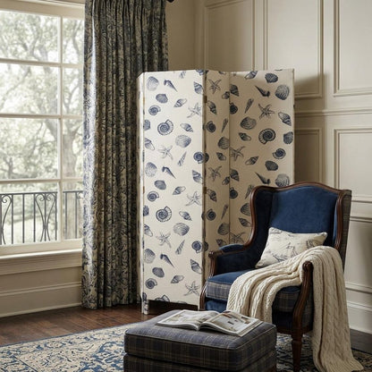 71" Blue and Beige Fabric Folding Three Panel Screen Room Divider HomeRoots