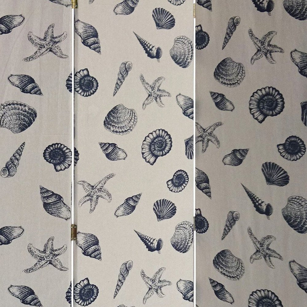 71" Blue and Beige Fabric Folding Three Panel Screen Room Divider HomeRoots