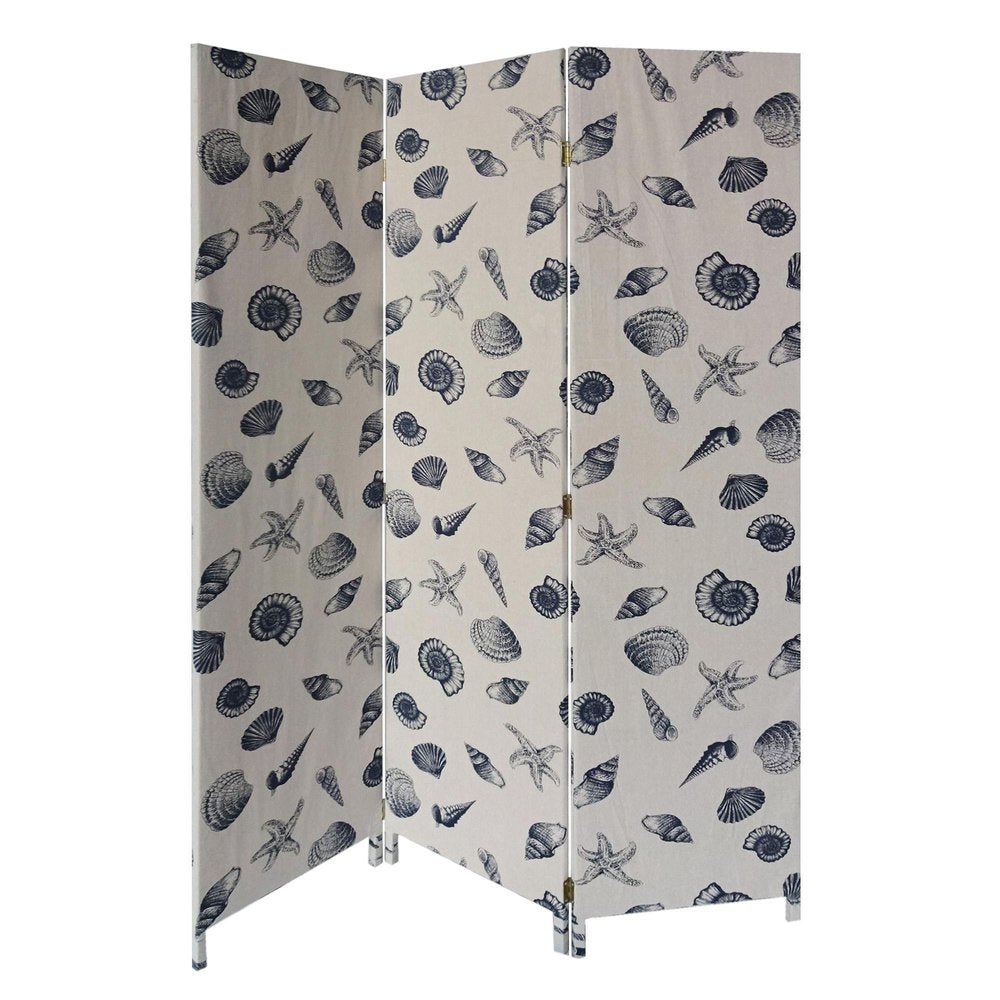 71" Blue and Beige Fabric Folding Three Panel Screen Room Divider HomeRoots