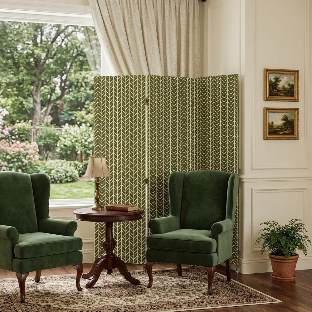 71" Green Fabric Folding Three Panel Screen Room Divider HomeRoots