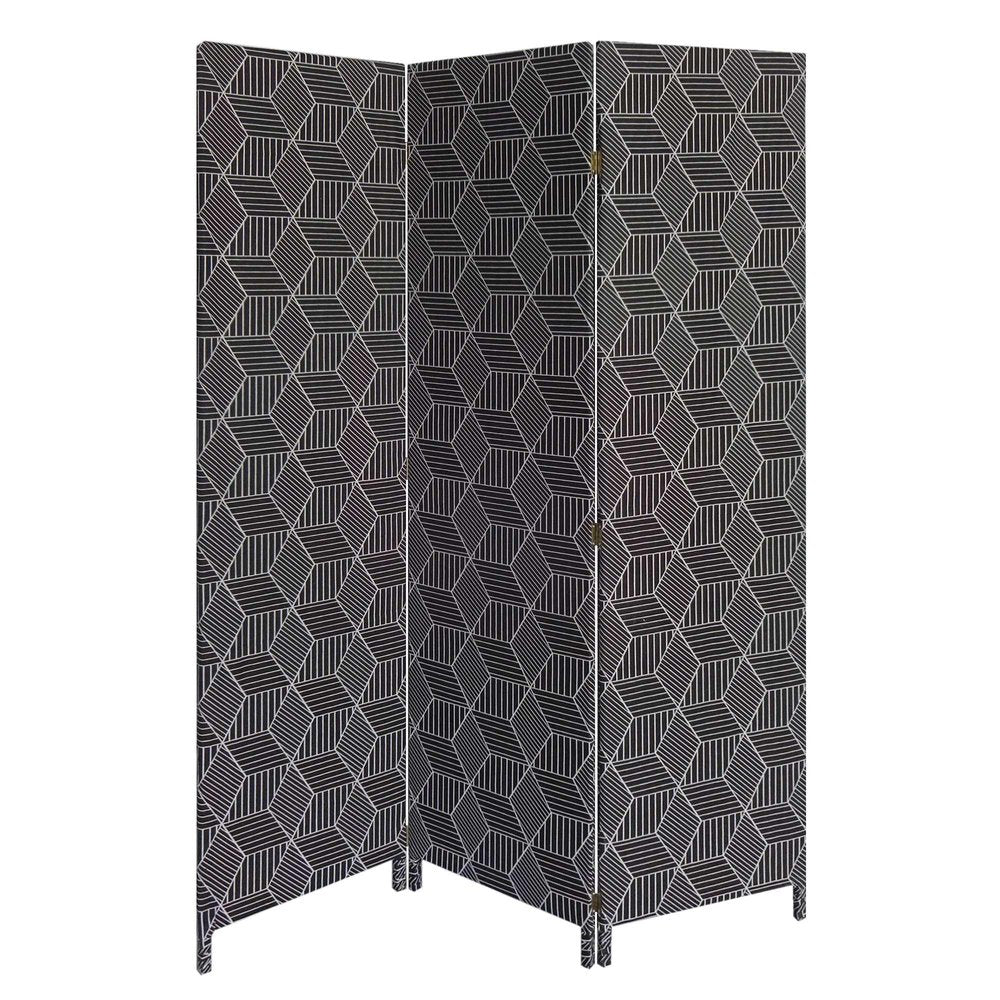 71" Black and White Fabric Folding Three Panel Screen Room Divider HomeRoots