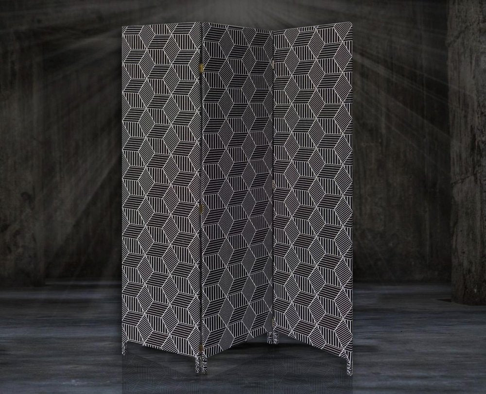 71" Black and White Fabric Folding Three Panel Screen Room Divider HomeRoots