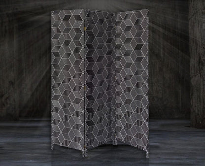 71" Black and White Fabric Folding Three Panel Screen Room Divider HomeRoots