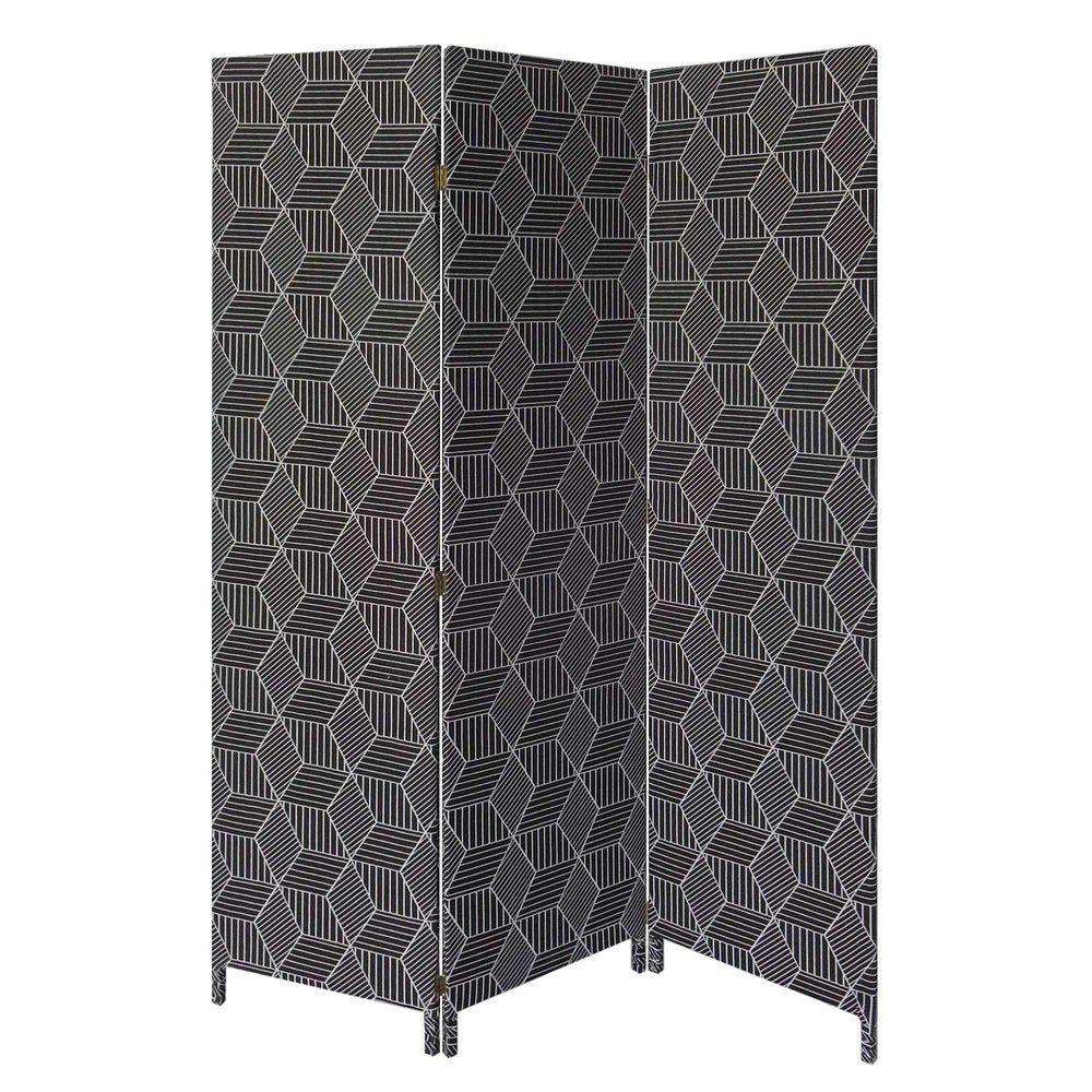 71" Black and White Fabric Folding Three Panel Screen Room Divider HomeRoots