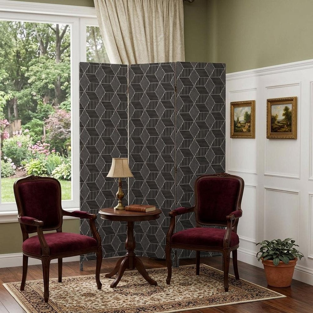71" Black and White Fabric Folding Three Panel Screen Room Divider HomeRoots