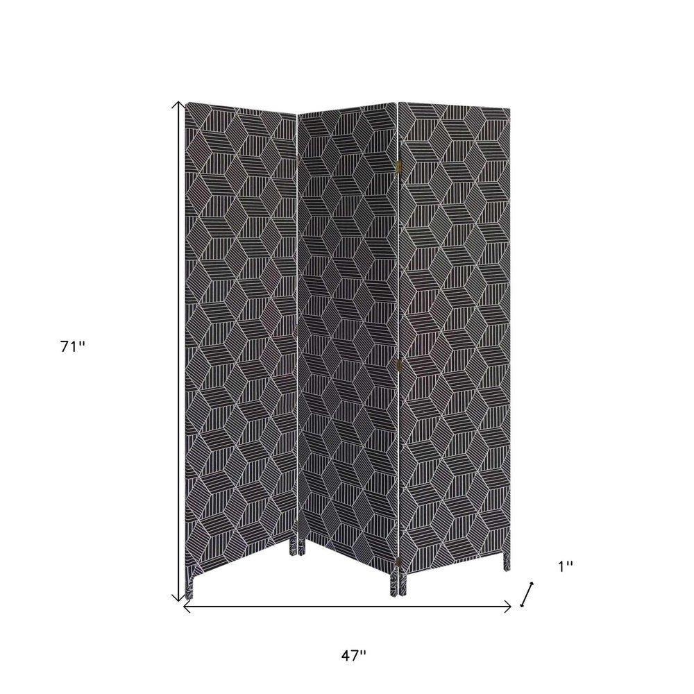 71" Black and White Fabric Folding Three Panel Screen Room Divider HomeRoots