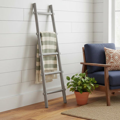 59" Gray Five Step Rustic Weathered Grey Wood Ladder Shelf HomeRoots