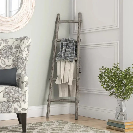 59" Gray Five Step Rustic Weathered Grey Wood Ladder Shelf HomeRoots