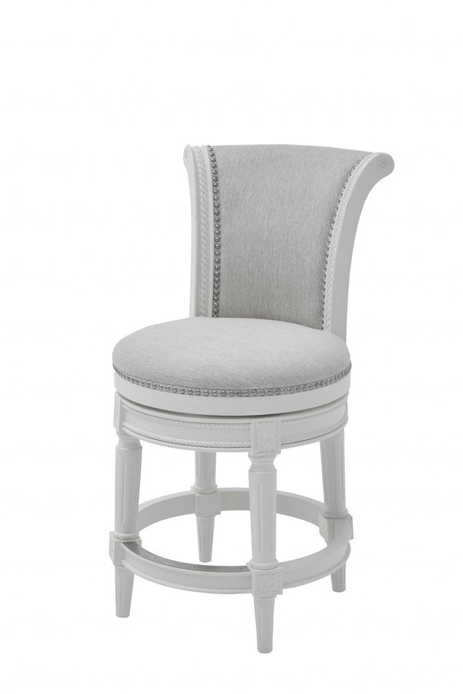 39" Light Gray And White Fabric And Linen And Wood Counter Height Swivel Bar Chair HomeRoots