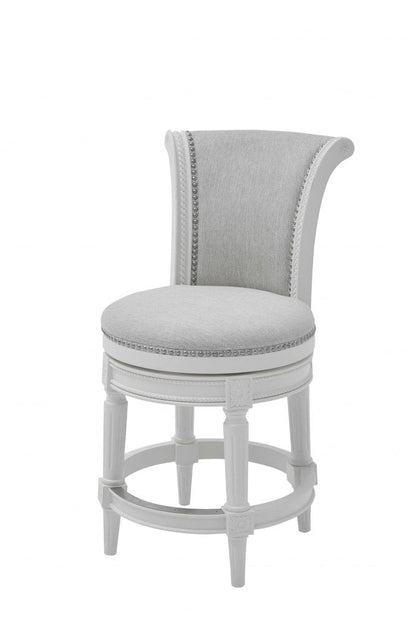 39" Light Gray And White Fabric And Linen And Wood Counter Height Swivel Bar Chair HomeRoots