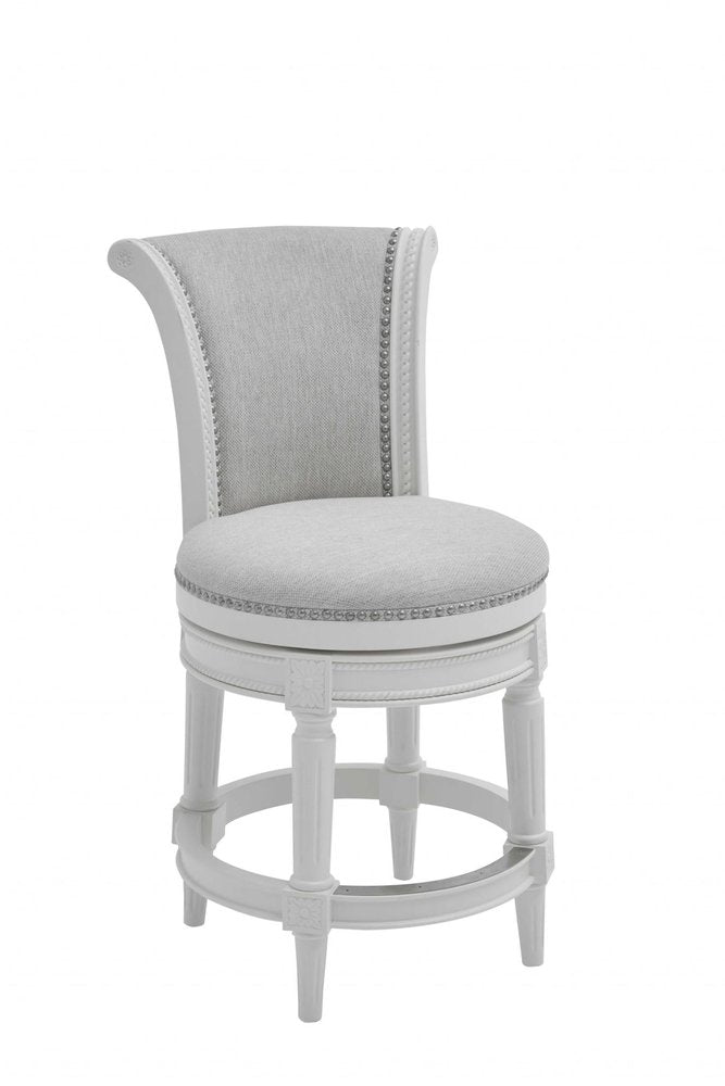 39" Light Gray And White Fabric And Linen And Wood Counter Height Swivel Bar Chair HomeRoots