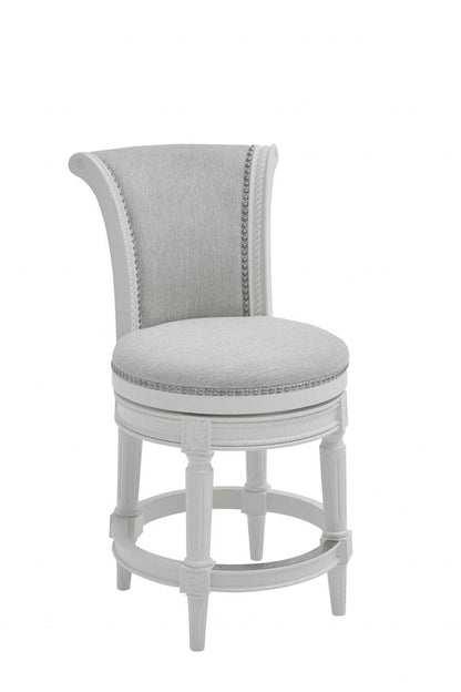 39" Light Gray And White Fabric And Linen And Wood Counter Height Swivel Bar Chair HomeRoots