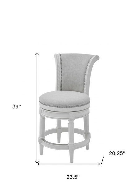 39" Light Gray And White Fabric And Linen And Wood Counter Height Swivel Bar Chair HomeRoots