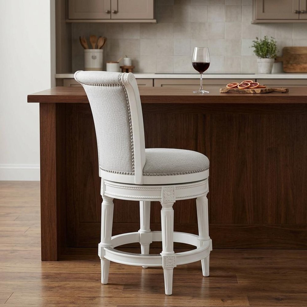 39" Light Gray And White Fabric And Linen And Wood Counter Height Swivel Bar Chair HomeRoots