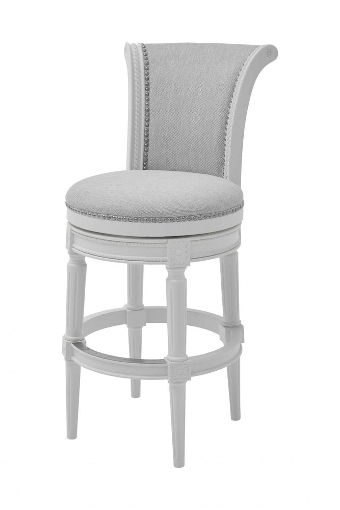31" Light Gray And White Linen And Solid Wood Swivel Bar Chair HomeRoots