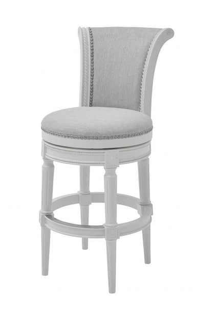 31" Light Gray And White Linen And Solid Wood Swivel Bar Chair HomeRoots