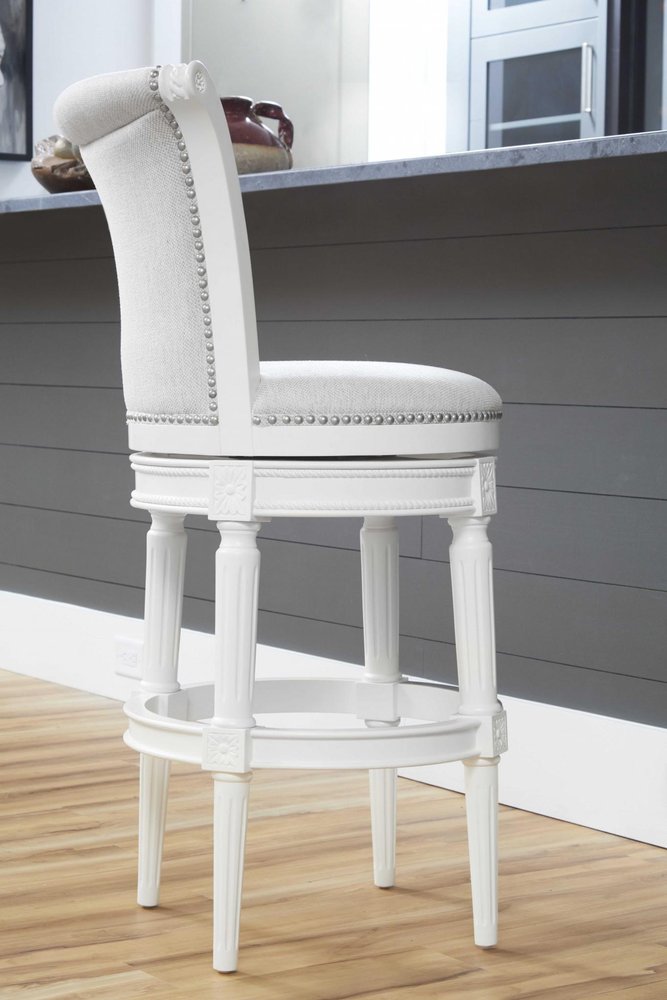 31" Light Gray And White Linen And Solid Wood Swivel Bar Chair HomeRoots