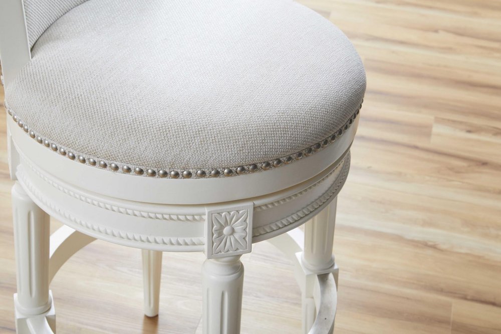 31" Light Gray And White Linen And Solid Wood Swivel Bar Chair HomeRoots