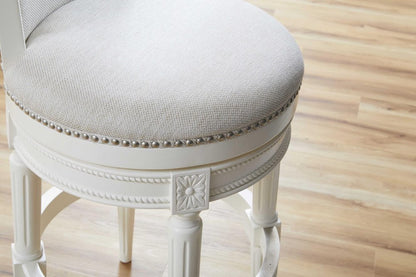31" Light Gray And White Linen And Solid Wood Swivel Bar Chair HomeRoots