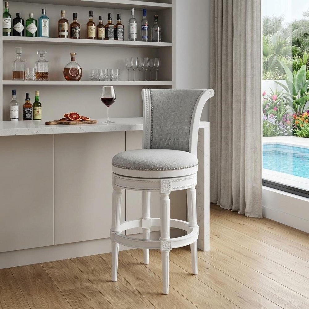 31" Light Gray And White Linen And Solid Wood Swivel Bar Chair HomeRoots