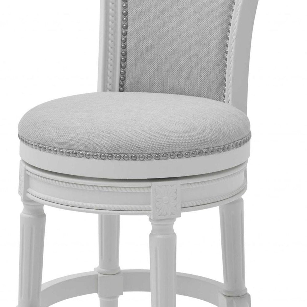 31" Light Gray And White Linen And Solid Wood Swivel Bar Chair — view 7