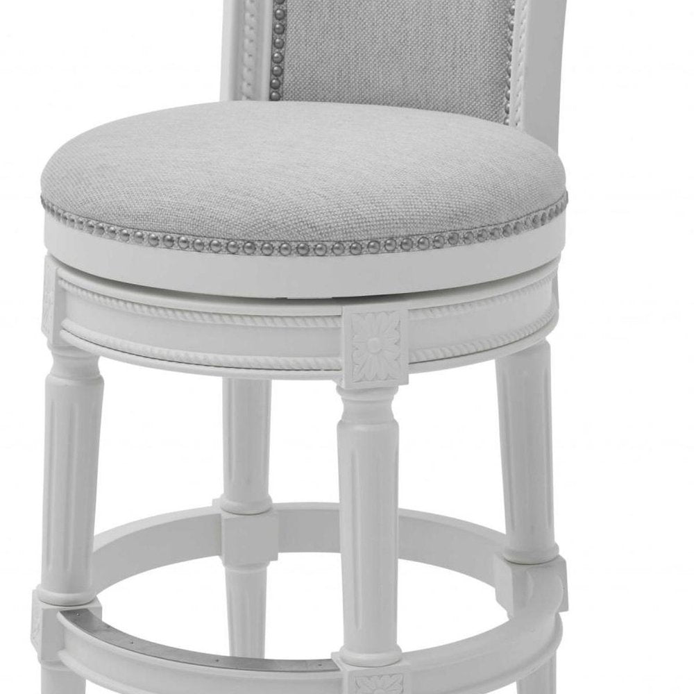 31" Light Gray And White Linen And Solid Wood Swivel Bar Chair HomeRoots