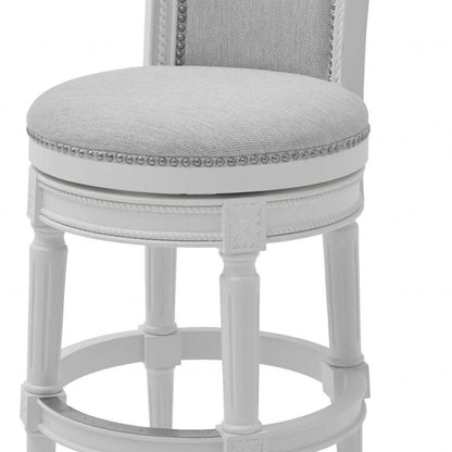 31" Light Gray And White Linen And Solid Wood Swivel Bar Chair HomeRoots