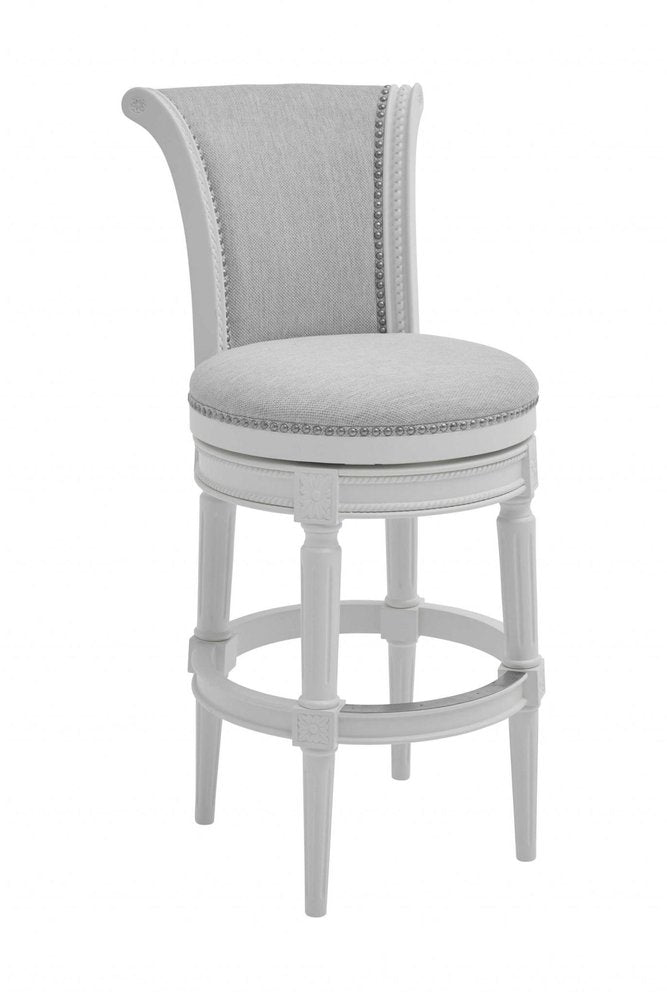 31" Light Gray And White Linen And Solid Wood Swivel Bar Chair — view 9